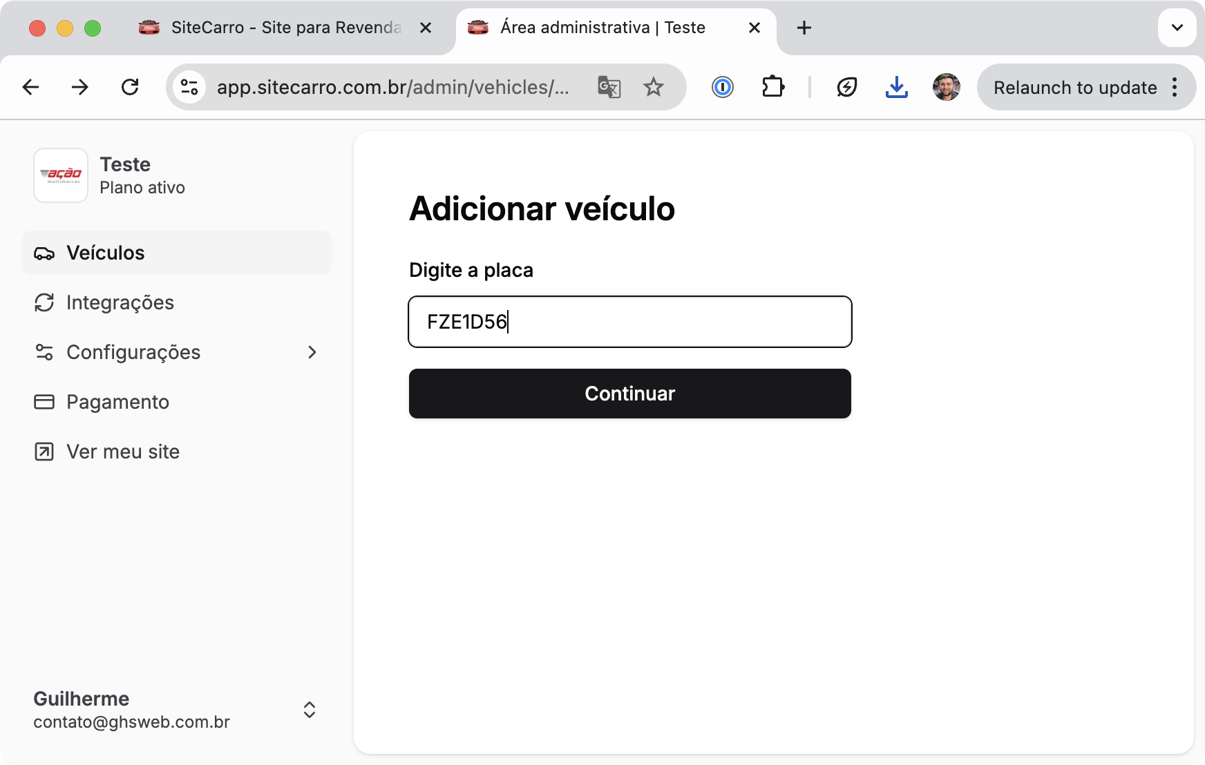 Cadastro de veículo no SiteCarro