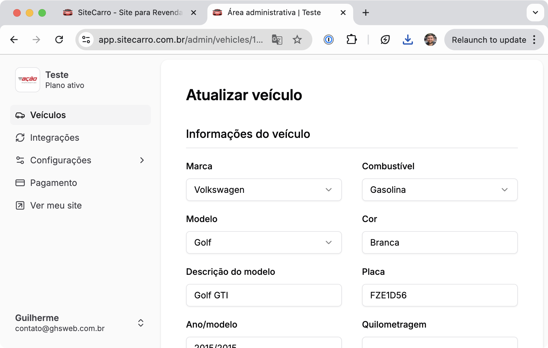 Cadastro de veículo no SiteCarro